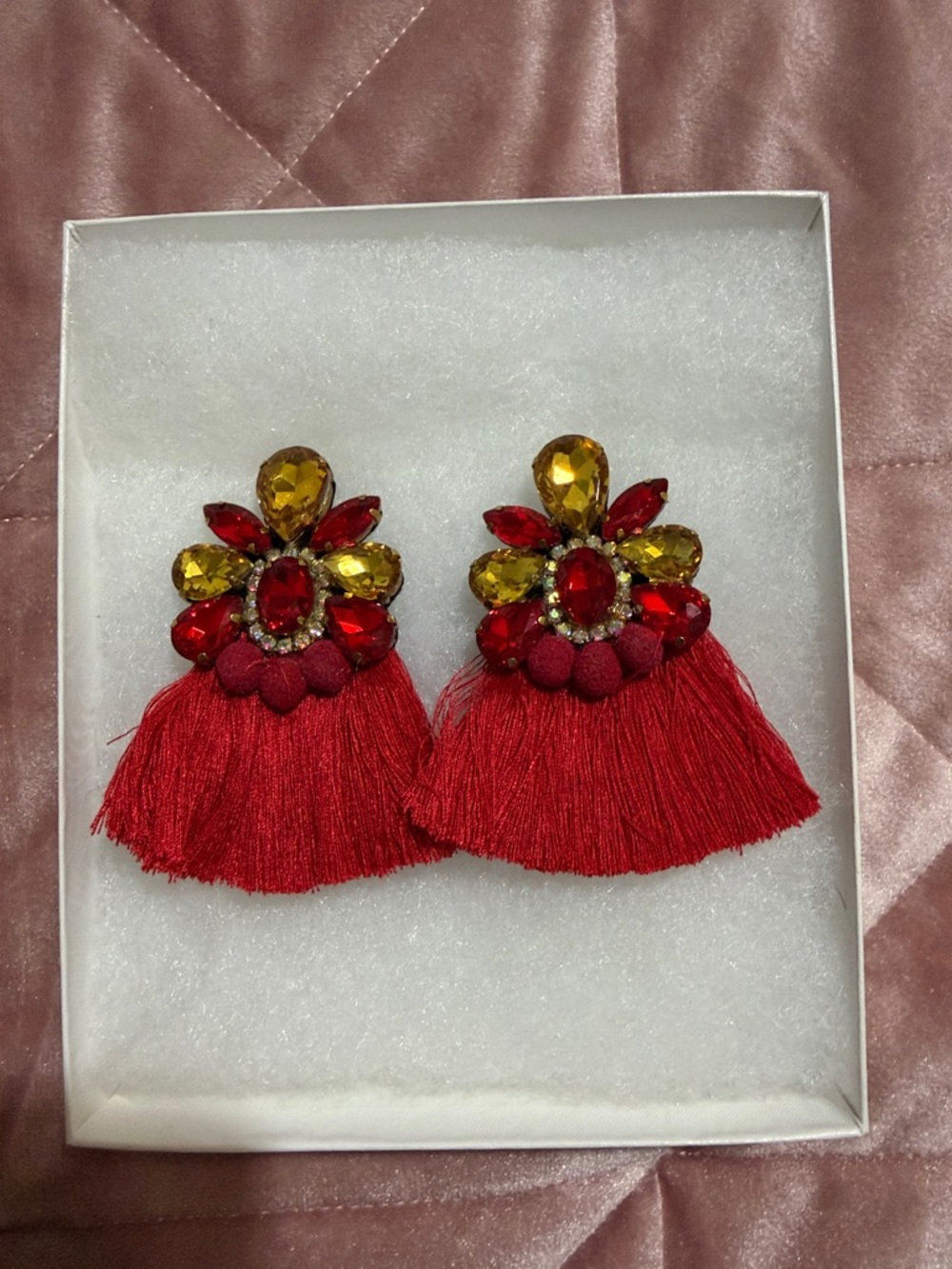 Herencia Clothing Red Tassel Crystal Statement Earrings - Unbranded